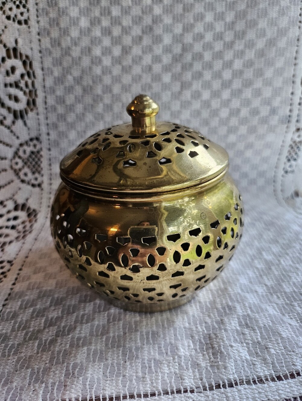 Vintage Pierced Brass Bowl With Lid